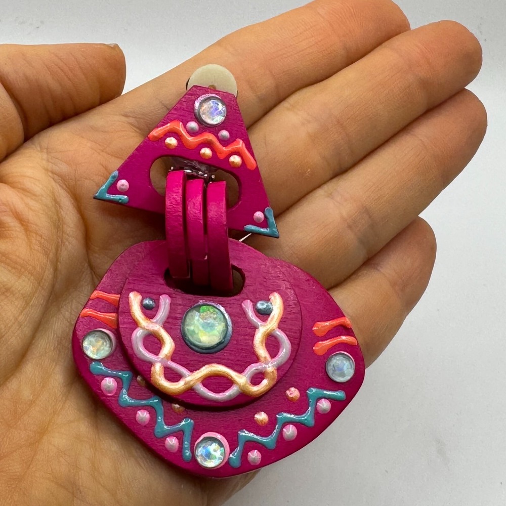Vintage Carol For Eva Graham Clip On Earrings Large Dangle Bright Pink Geometric - Picture 2 of 10